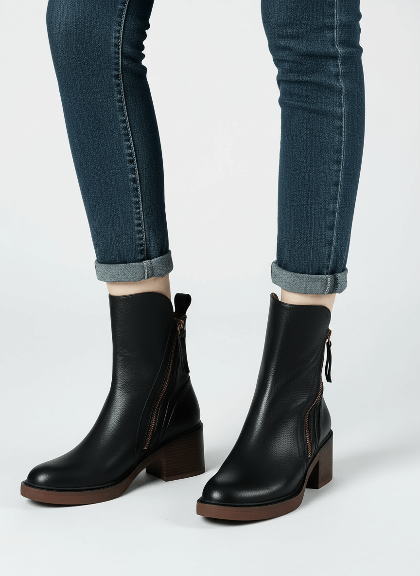 Helena – Botki Damskie Skórzane na Słupku z Zamkiem