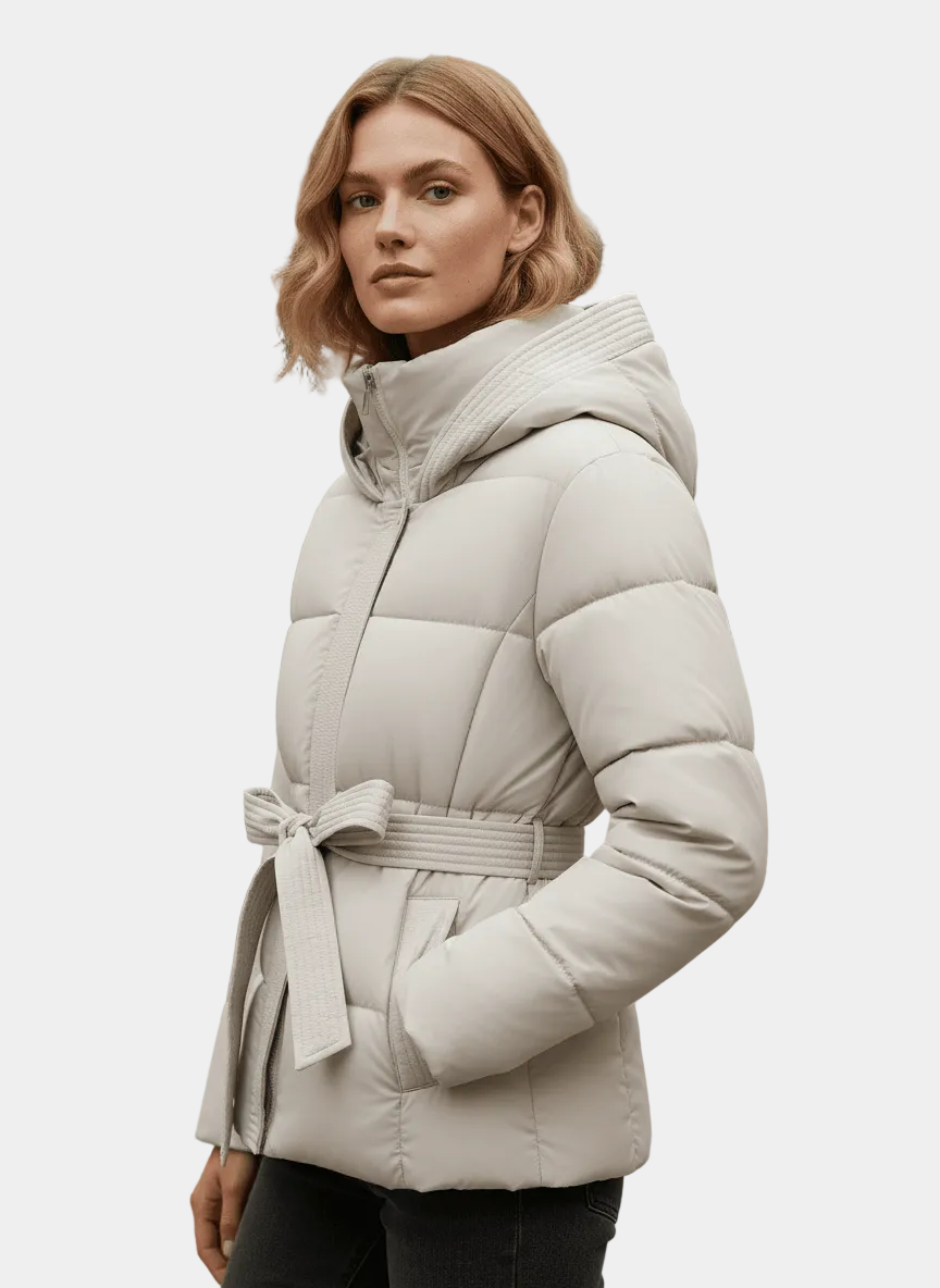 Lenora – Kurtka Pikowana Damska z Paskiem w Talii i Kapturem