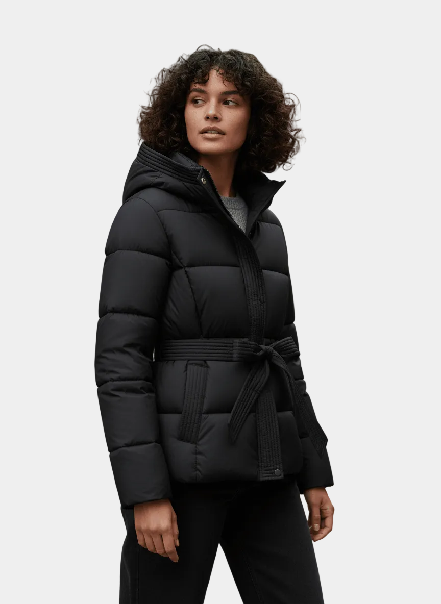 Lenora – Kurtka Pikowana Damska z Paskiem w Talii i Kapturem