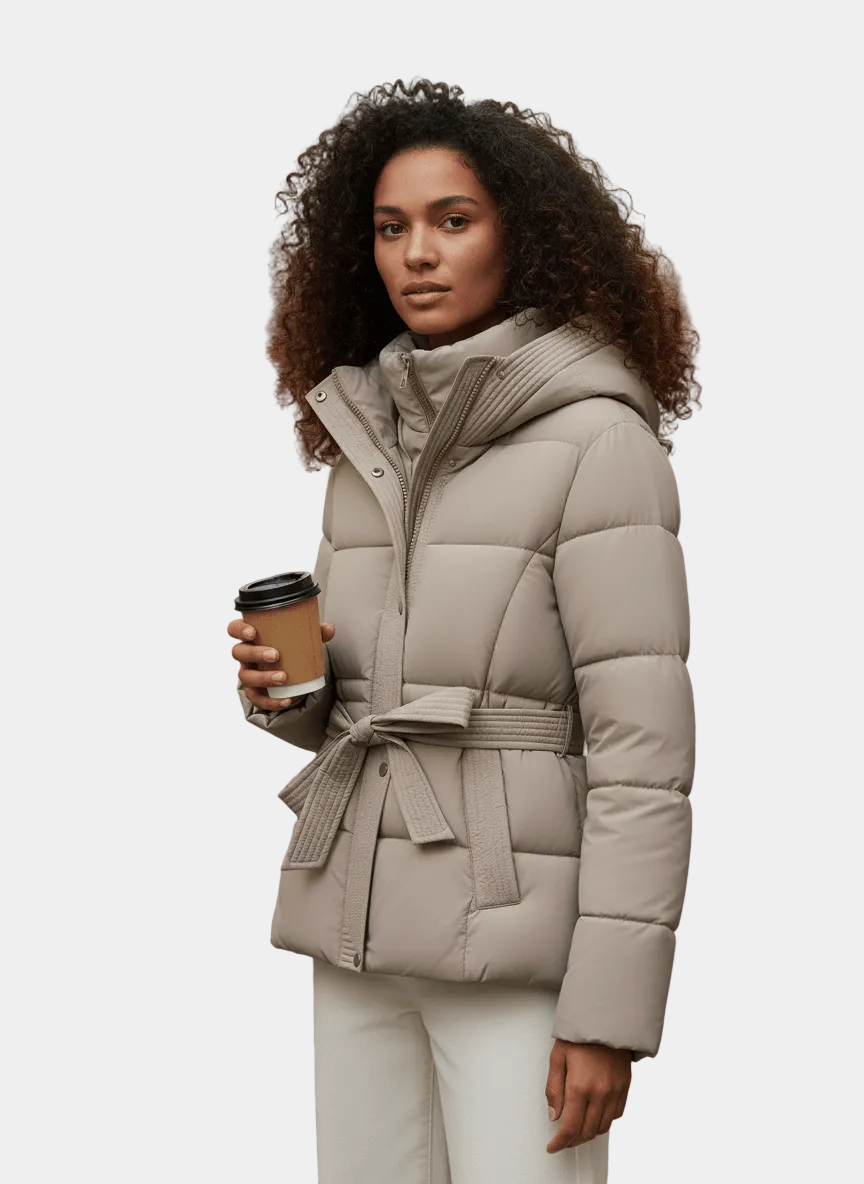 Lenora – Kurtka Pikowana Damska z Paskiem w Talii i Kapturem