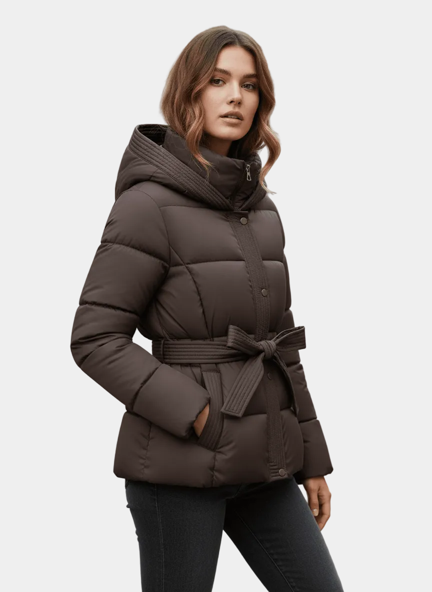 Lenora – Kurtka Pikowana Damska z Paskiem w Talii i Kapturem