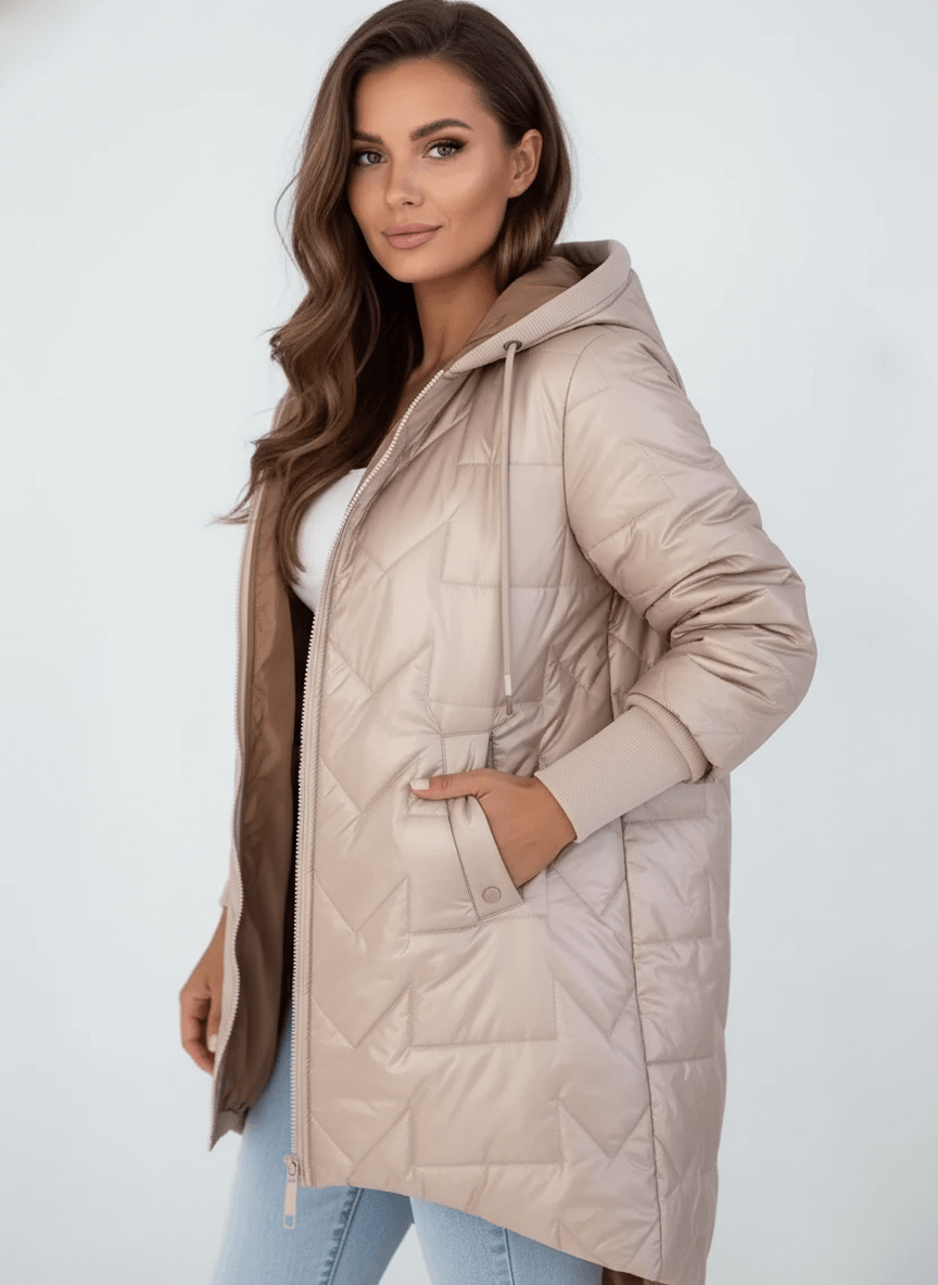 Zofia – Kurtka Pikowana Damska z Kapturem i Paskiem