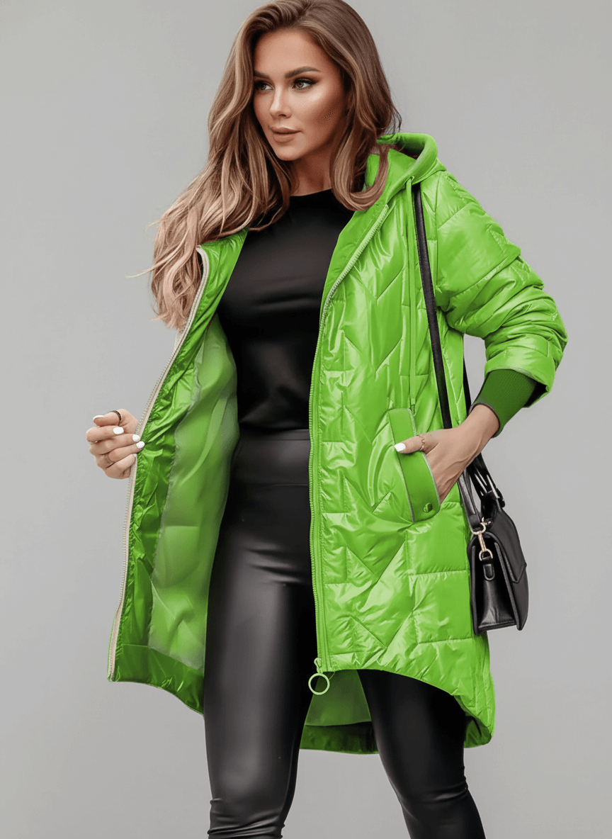 Zofia – Kurtka Pikowana Damska z Kapturem i Paskiem